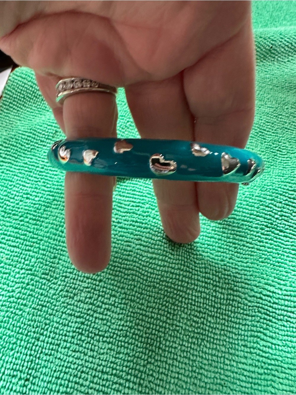 Blue Heart Cutout Resin Bangle Bracelet rhinestone on opposite side